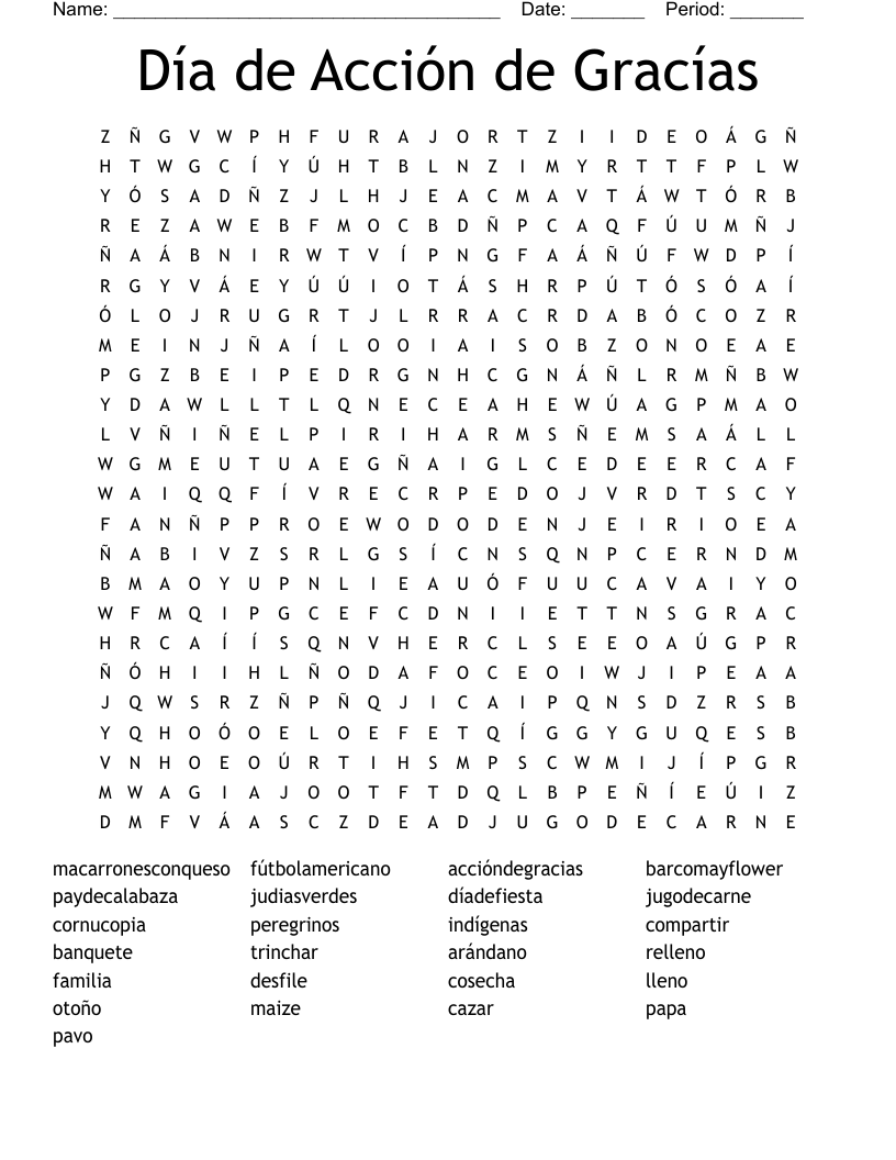Día de Acción de Gracías Word Search