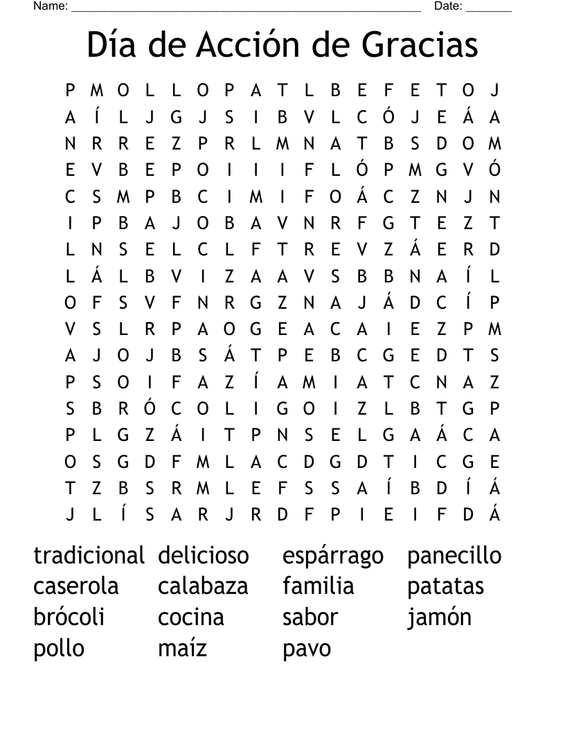 Día de Acción de Gracias Word Search