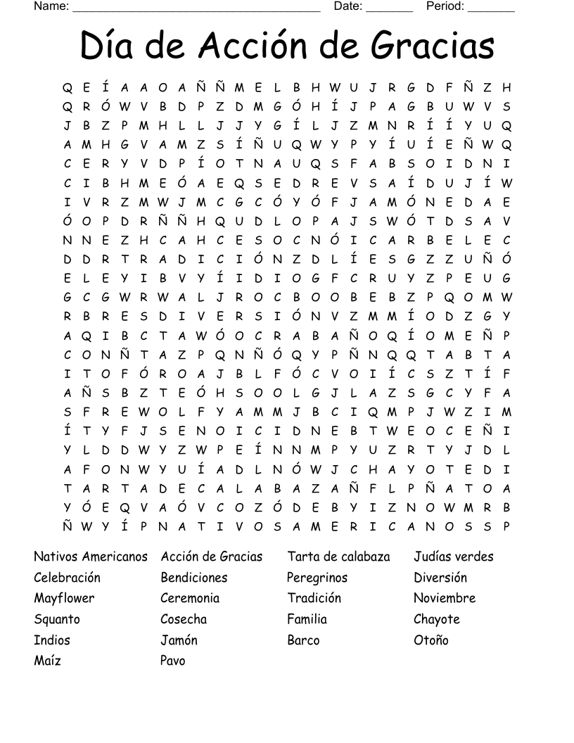 Día de Acción de Gracias  Word Search