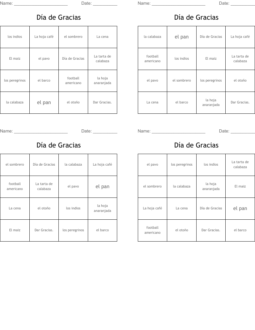 Día de Gracias Bingo Cards
