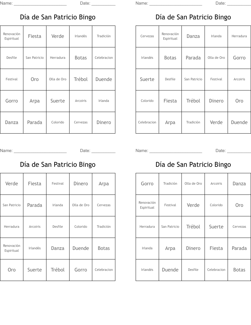 Día de San Patricio Bingo