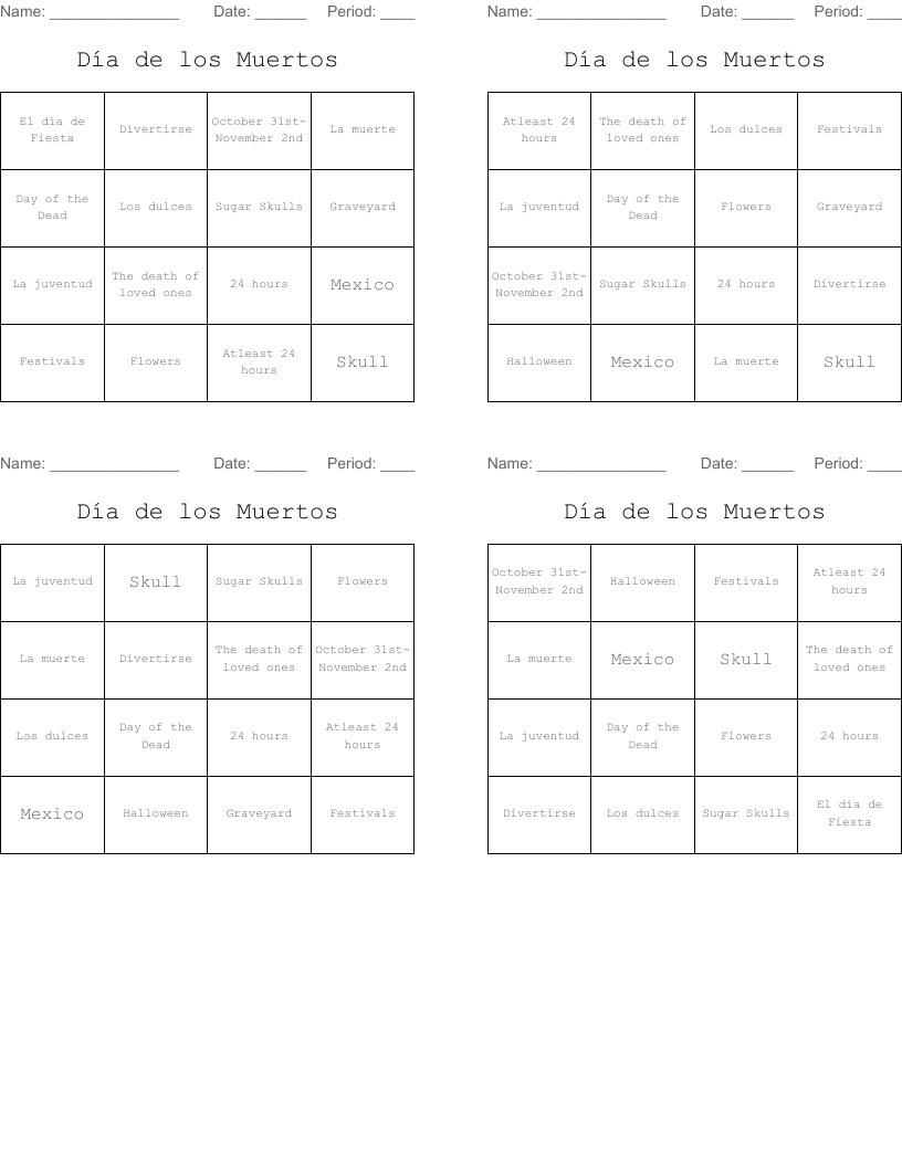 Día de los Muertos Bingo Cards