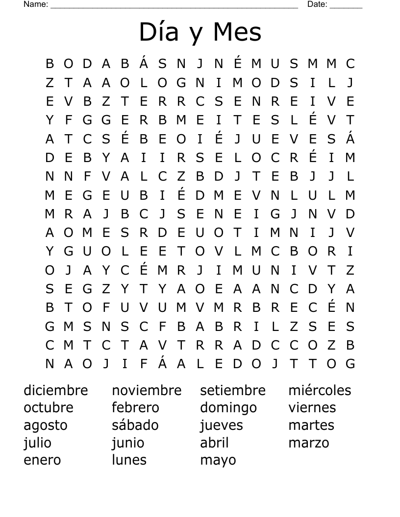 Día y Mes Word Search