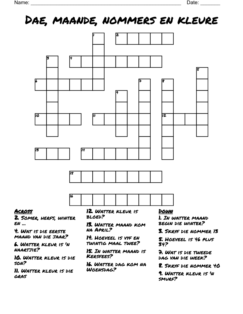 Dae, maande, nommers en kleure Crossword