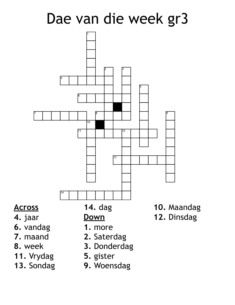Dae van die week gr3 Crossword