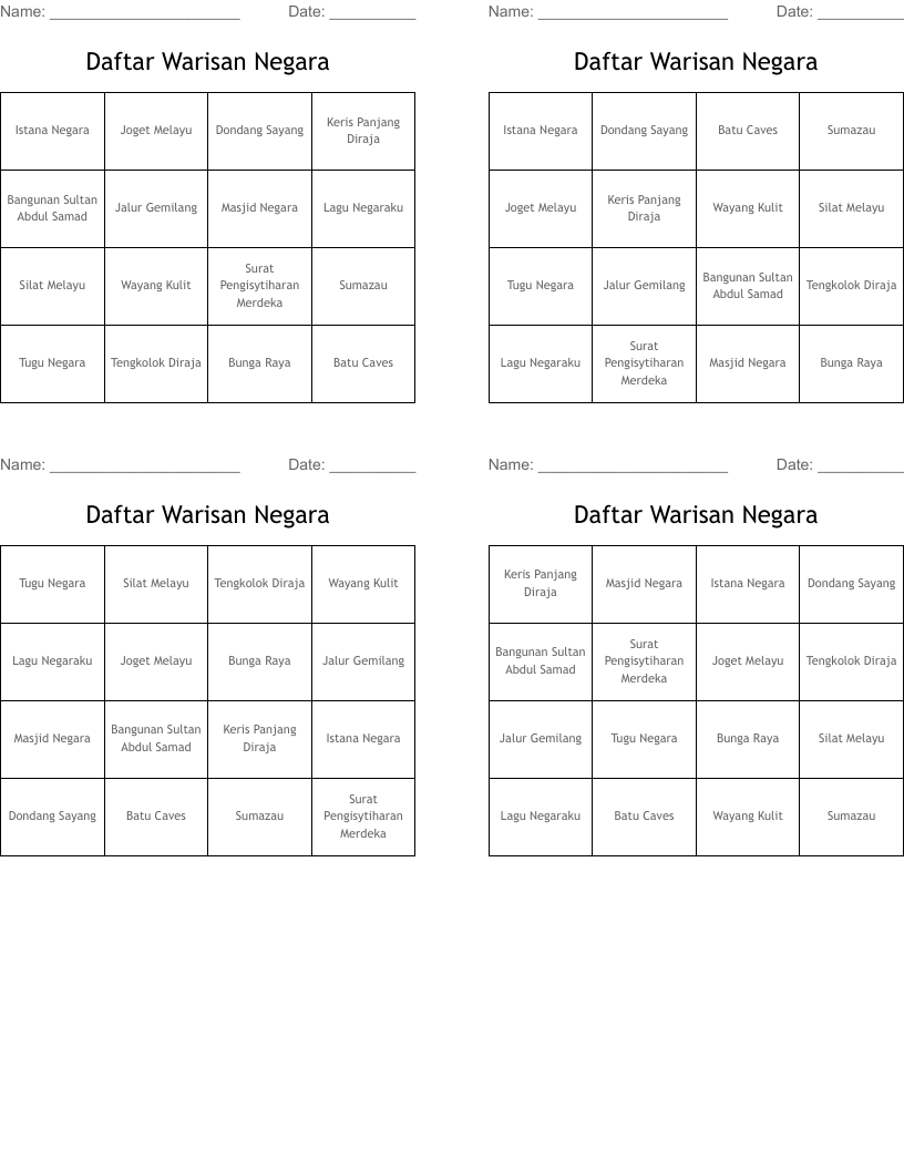 Daftar Warisan Negara Bingo Cards
