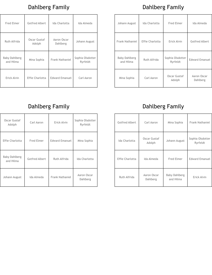 Dahlberg Family Bingo Cards
