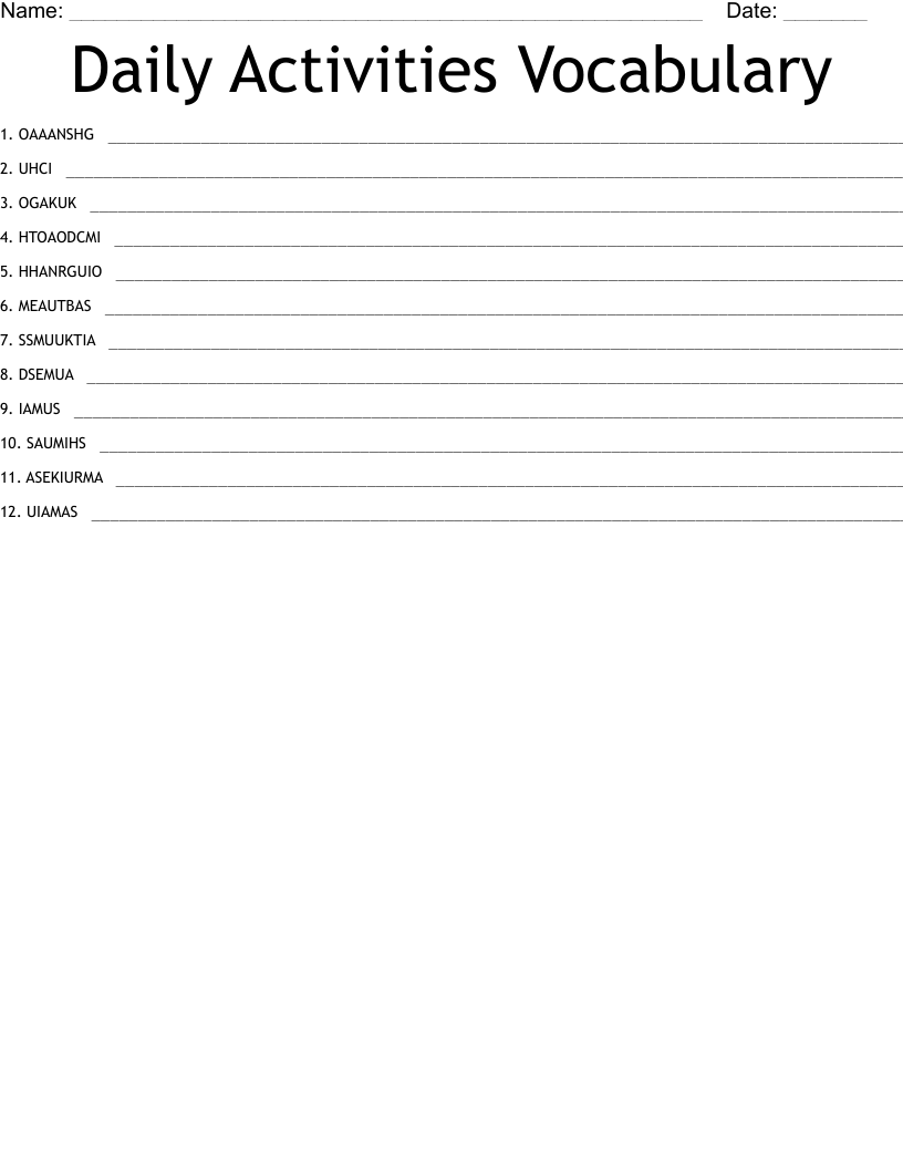 Daily Activities Vocabulary Word Scramble
