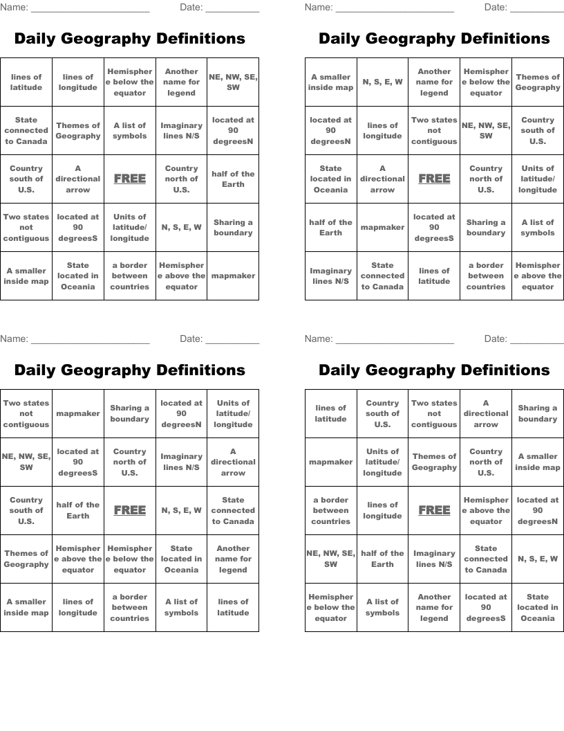 Daily Geography Definitions Bingo Cards