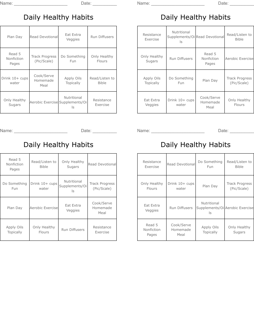 Daily Healthy Habits Bingo Cards