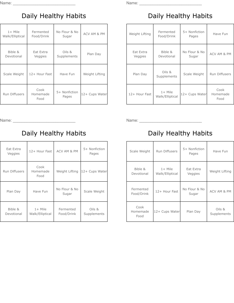 Daily Healthy Habits Bingo Cards