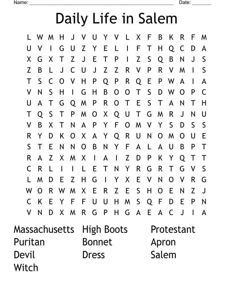 Daily Life in Salem Word Search