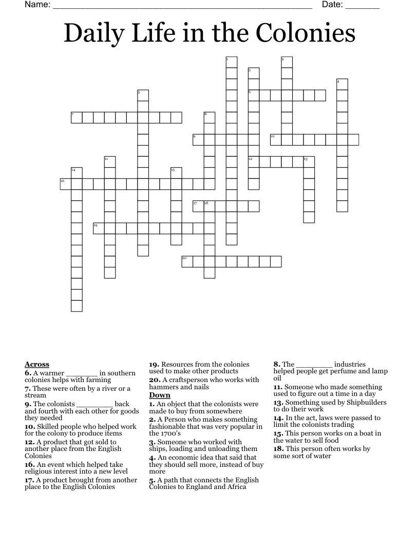 Daily Life in the Colonies Crossword