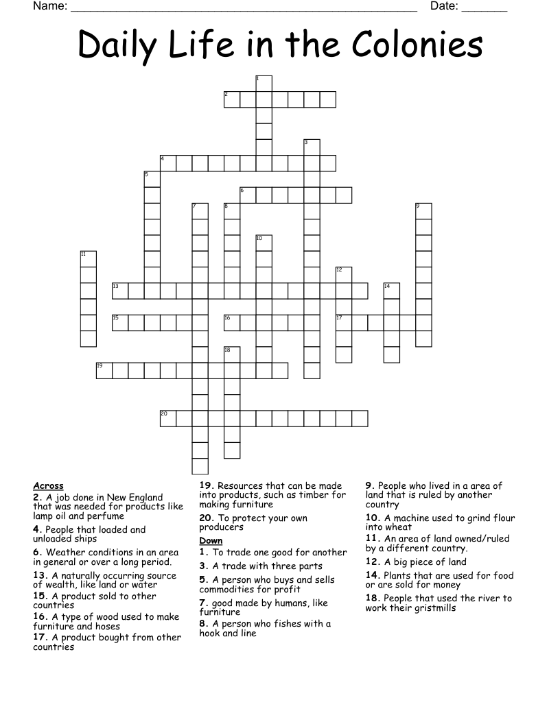 Daily Life in the Colonies Crossword