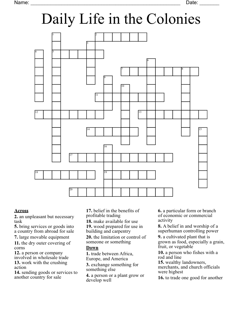 Daily Life in the Colonies Crossword