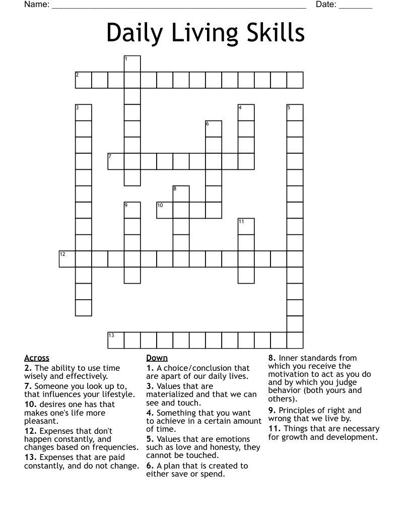 Daily Living Skills Crossword