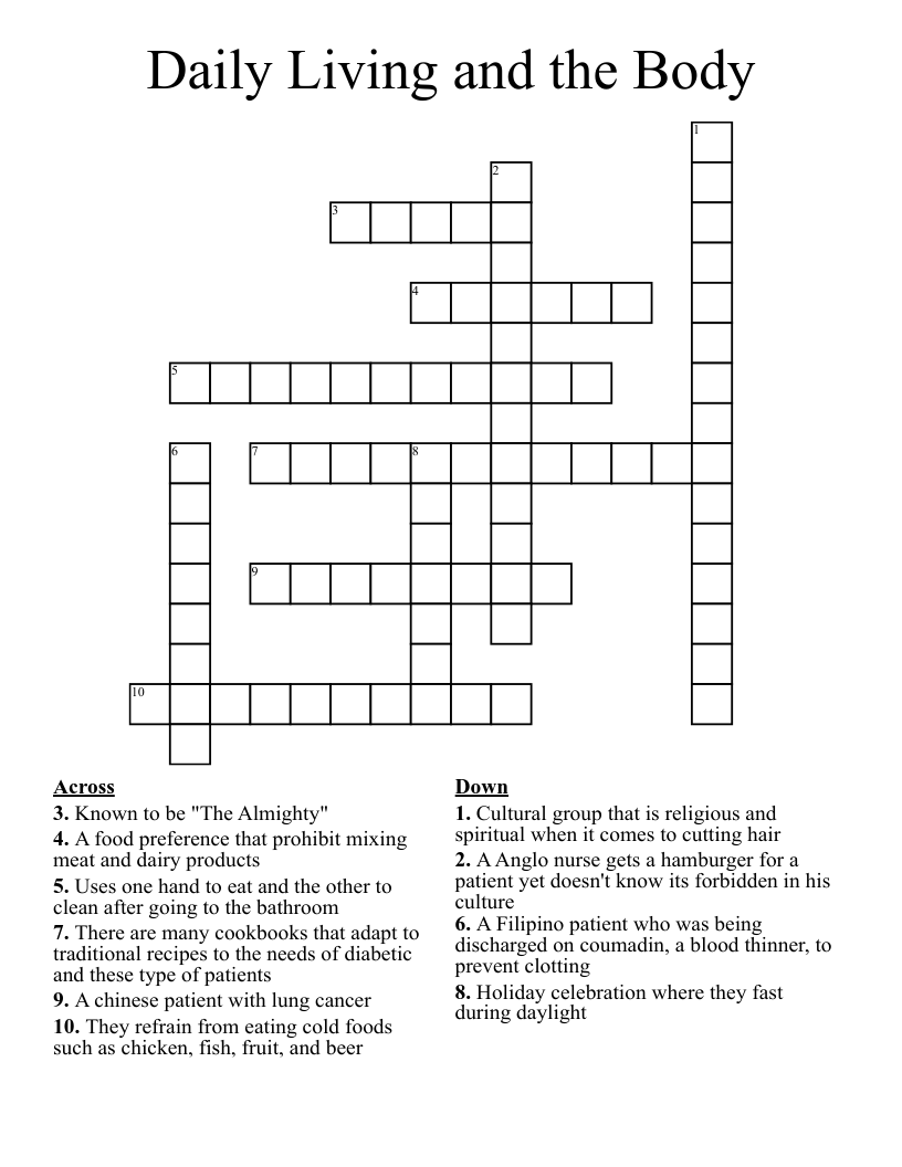 Daily Living and the Body  Crossword