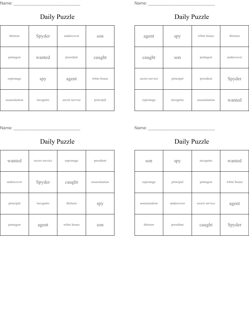 Daily Puzzle Bingo Cards