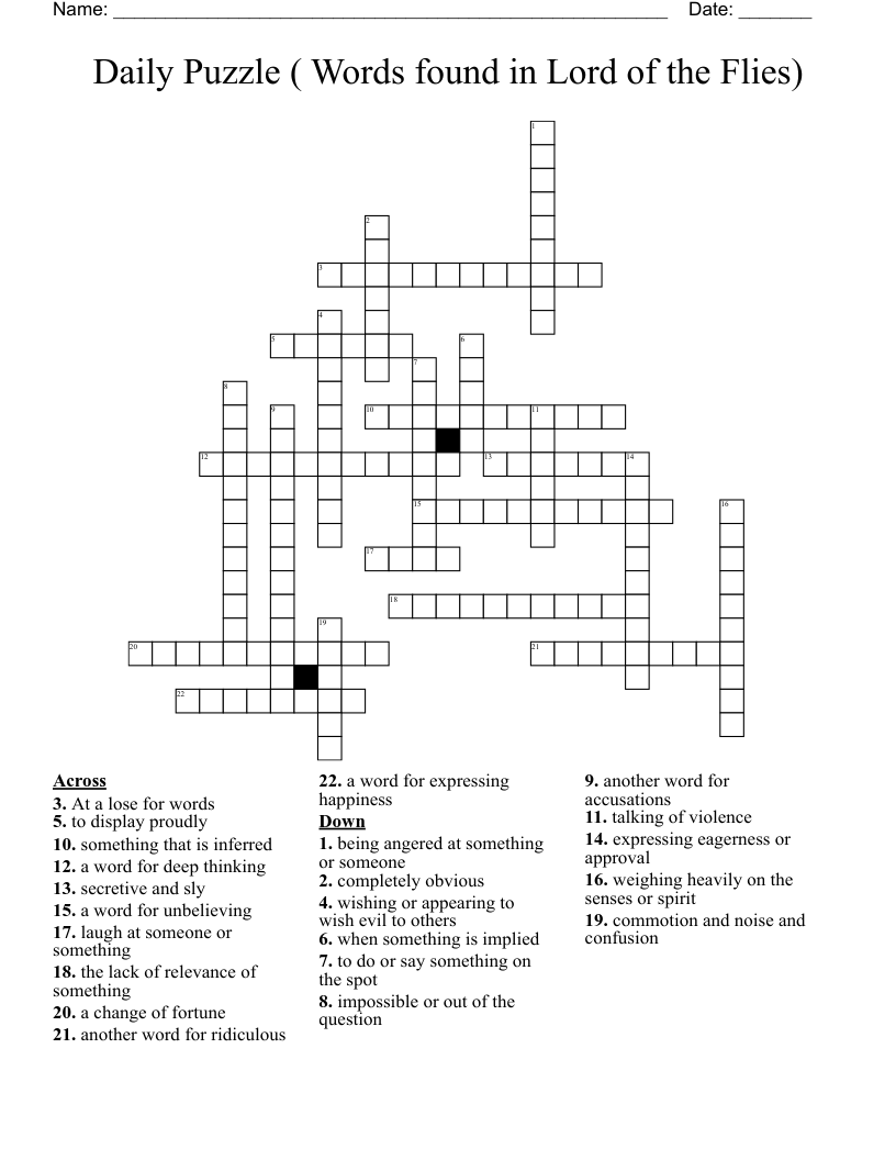 Daily Puzzle ( Words found in Lord of the Flies) Crossword