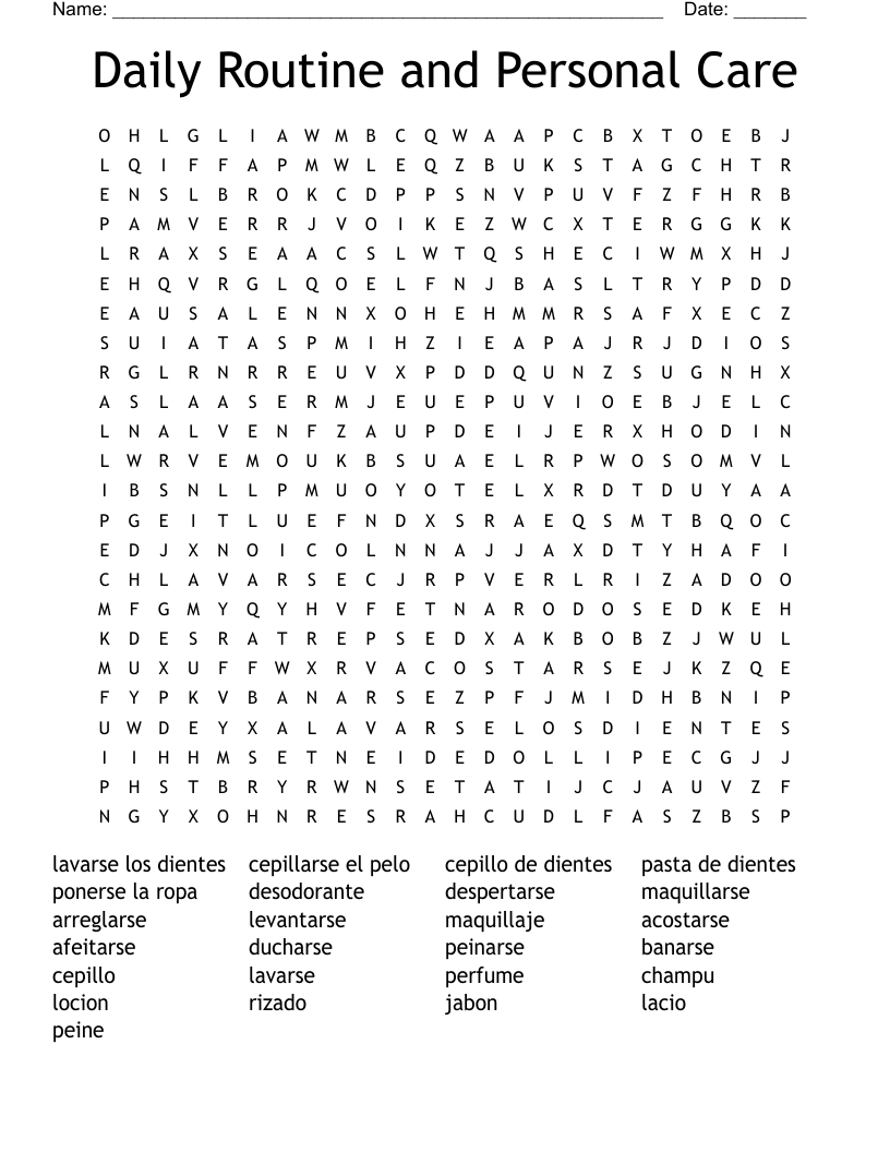 Daily Routine and Personal Care Word Search