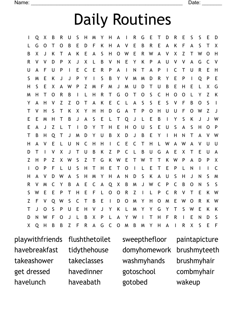 Daily Routines Word Search