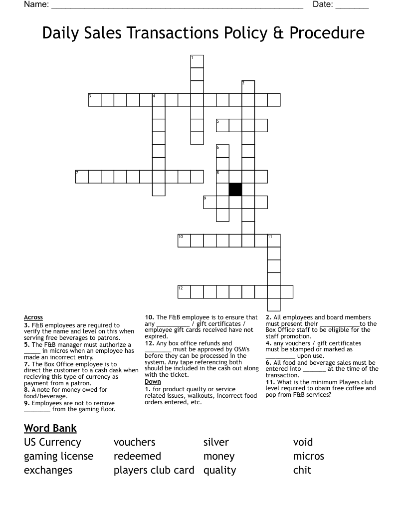 Daily Sales Transactions Policy & Procedure Crossword