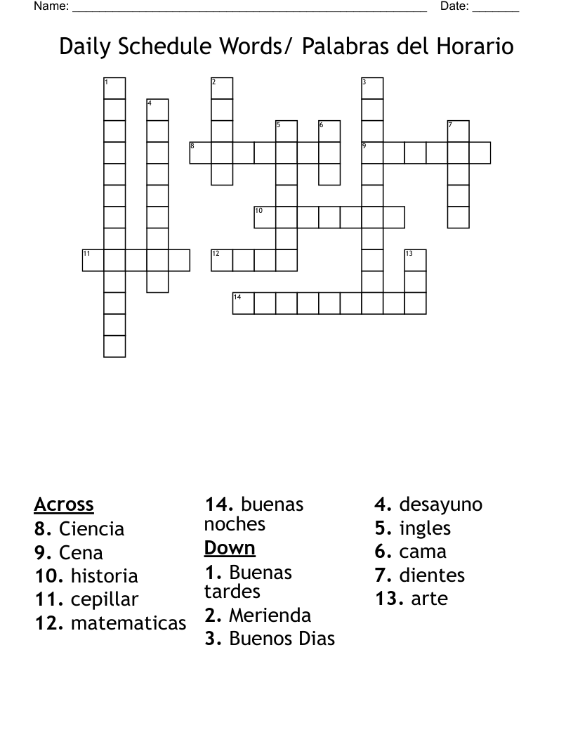 Daily Schedule Words/ Palabras del Horario Crossword