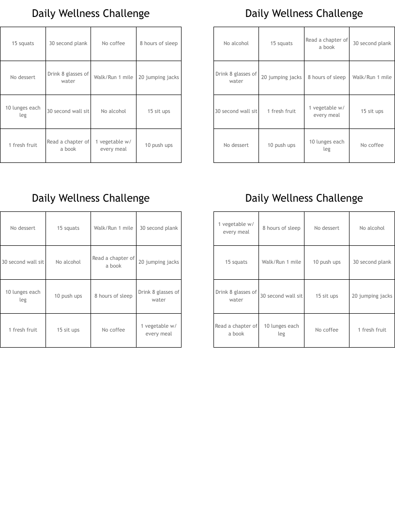 Daily Wellness Challenge Bingo Cards
