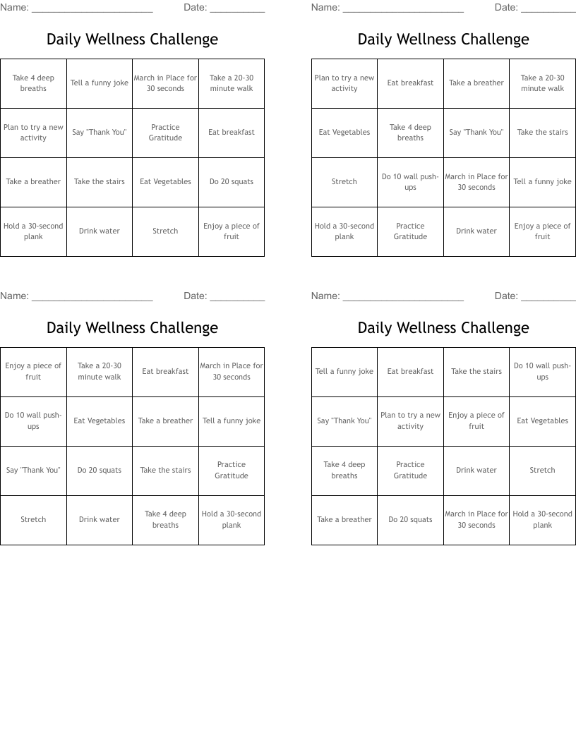 Daily Wellness Challenge Bingo Cards