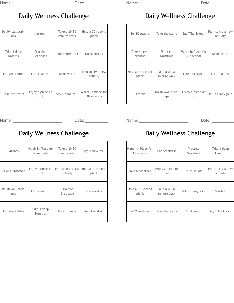 Daily Wellness Challenge Bingo Cards