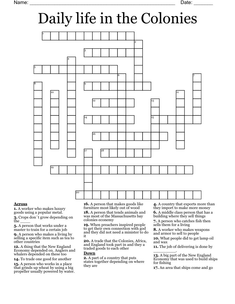 Daily life in the Colonies Crossword
