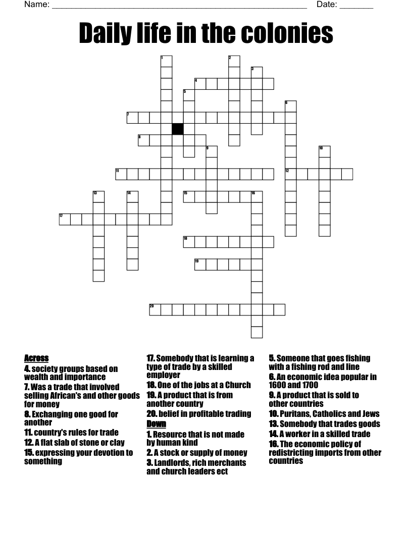 Daily life in the colonies  Crossword