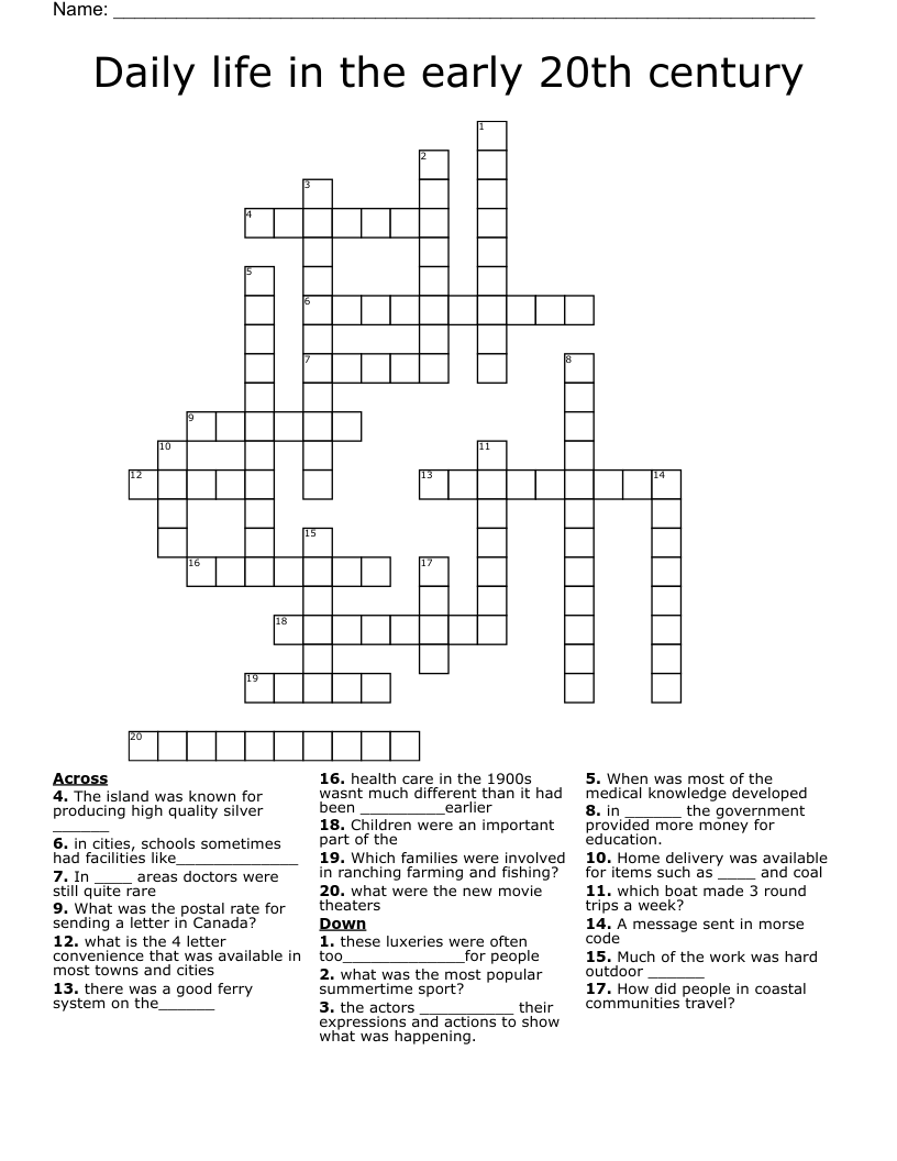 Daily life in the early 20th century Crossword