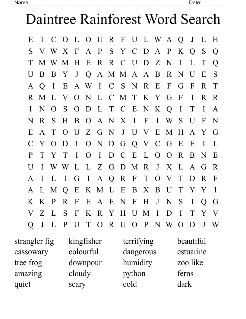 Daintree Rainforest Word Search
