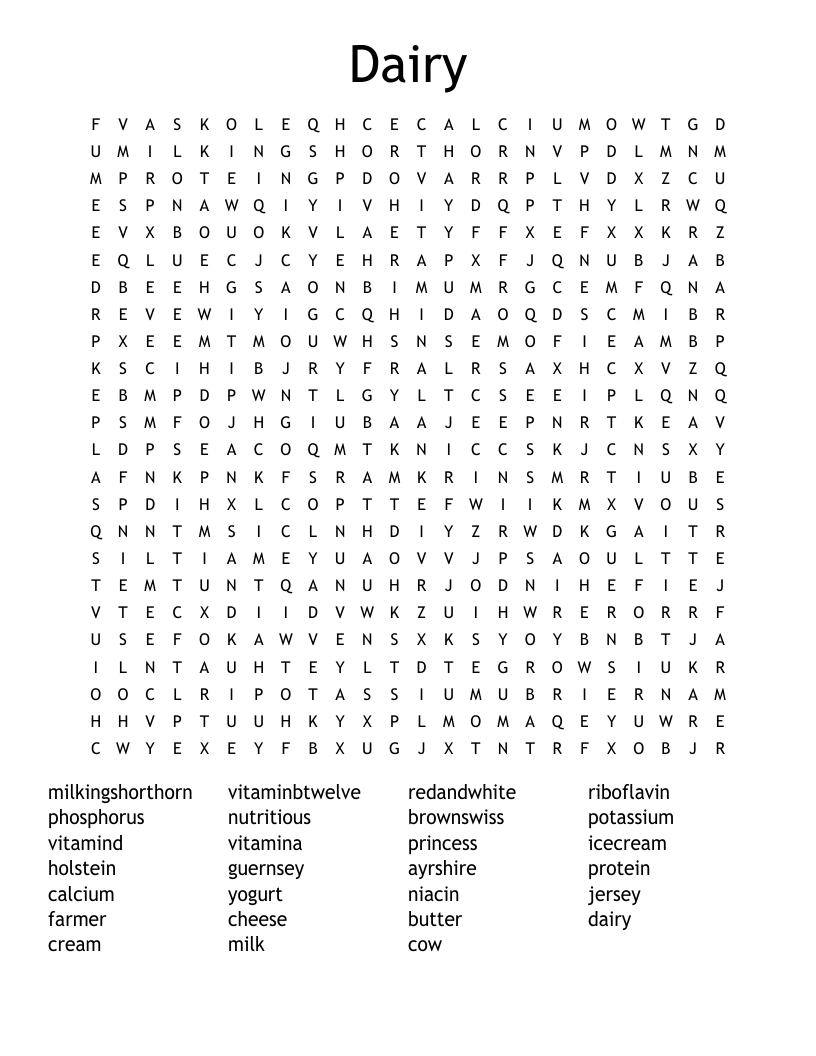 Dairy Word Search