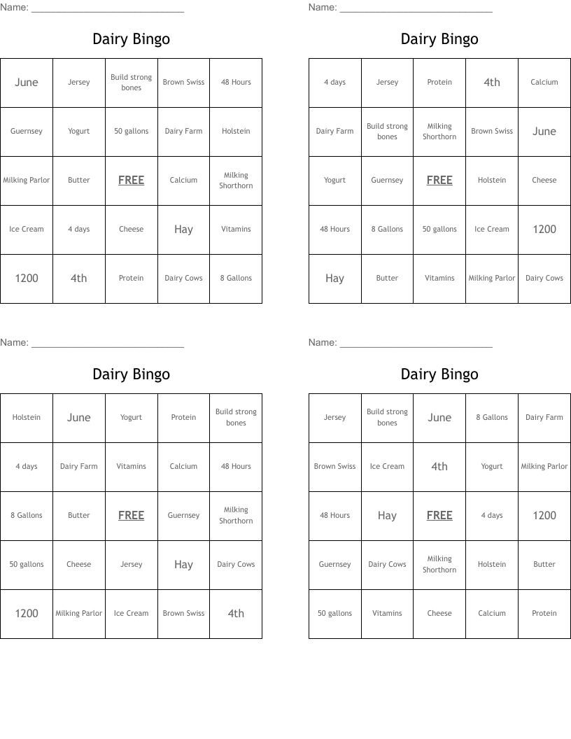 Dairy Bingo 