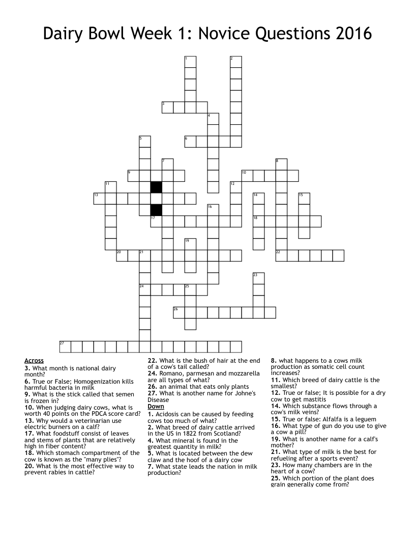 Dairy Bowl Week 1: Novice Questions 2016 Crossword
