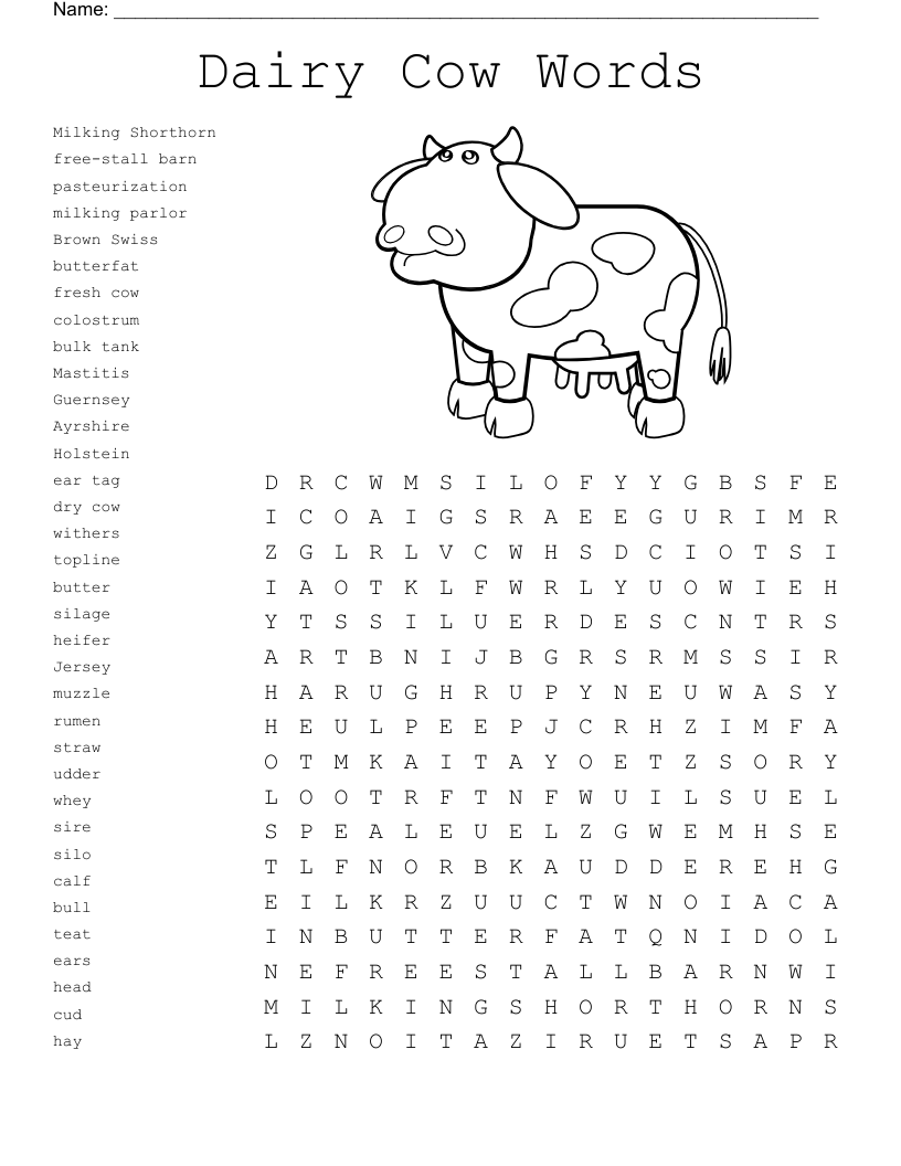 Dairy Cow Words Word Search