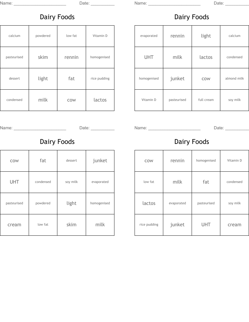 Dairy Foods Bingo Cards