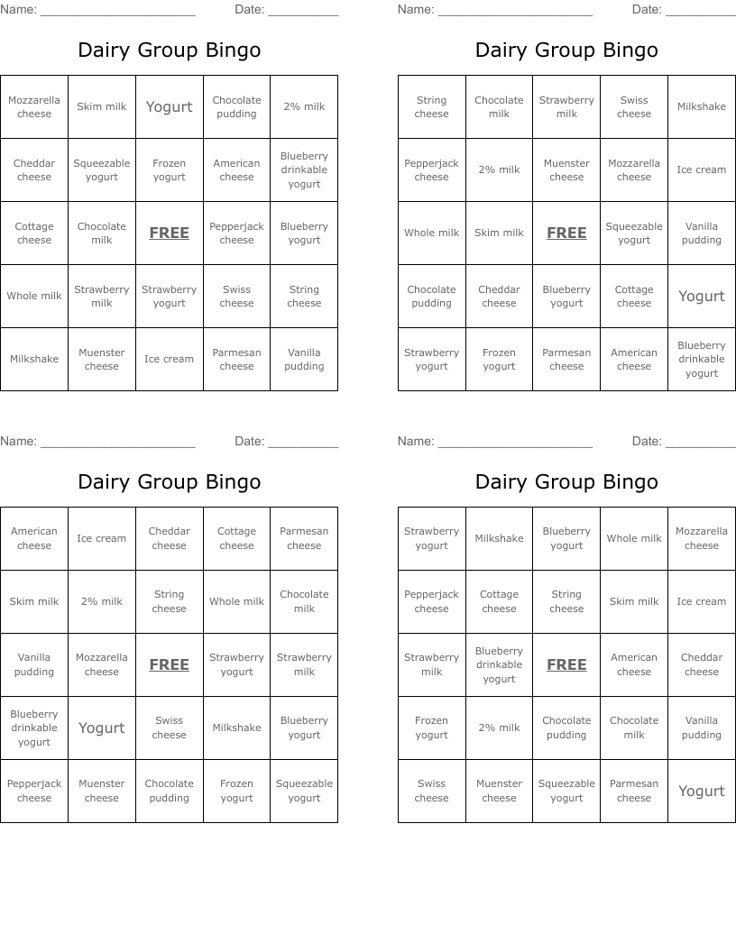 Dairy Group Bingo