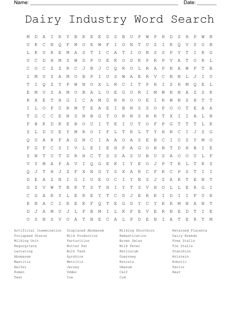 Dairy Industry Word Search