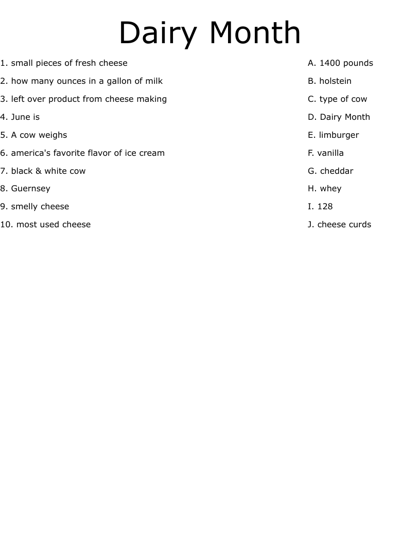 Dairy Month Worksheet