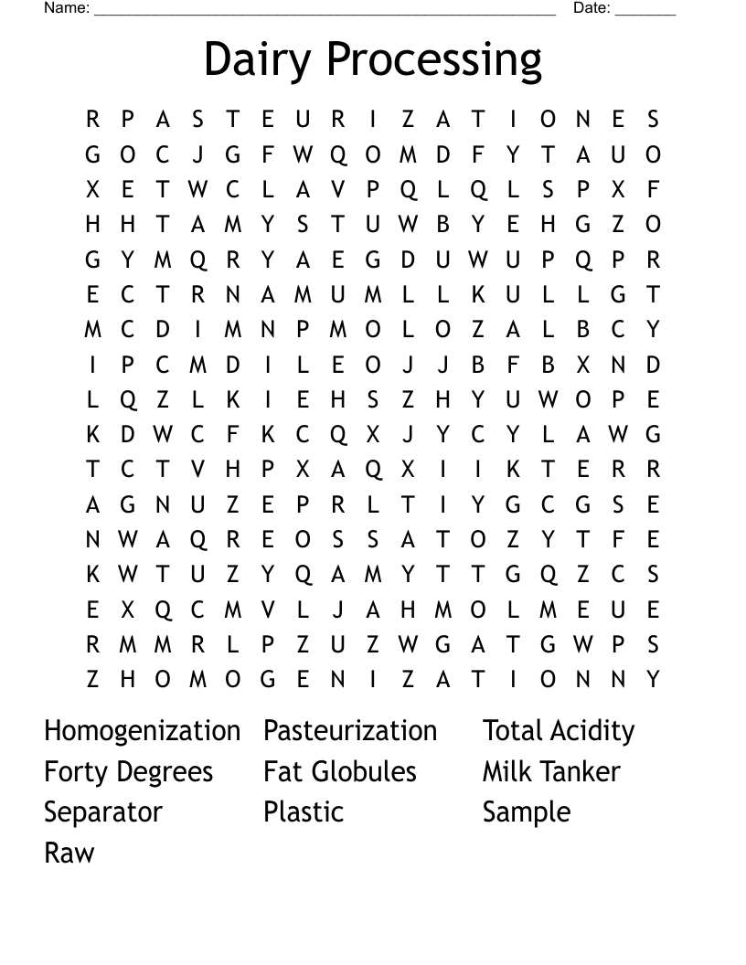 Dairy Processing Word Search