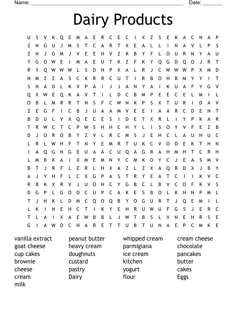 Dairy Products Word Search
