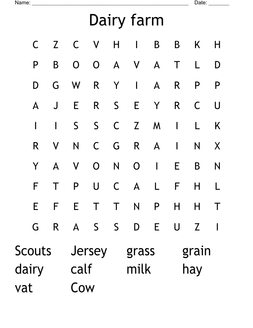 Dairy farm Word Search