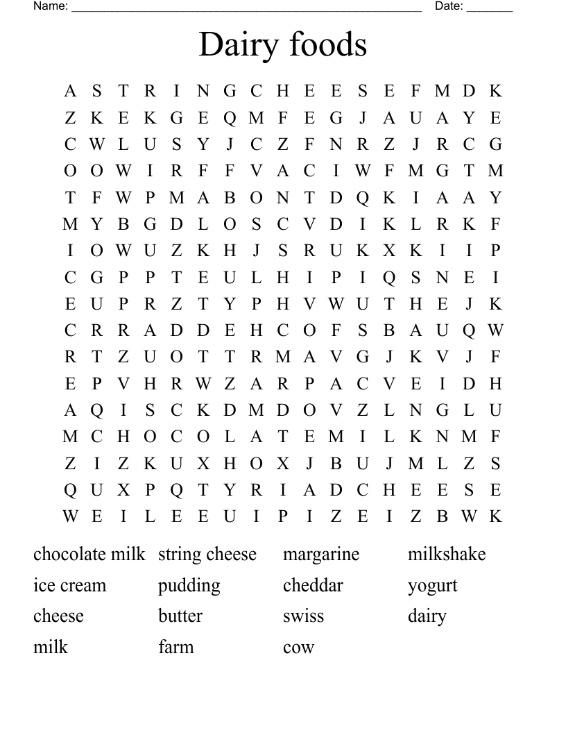 Dairy foods Word Search