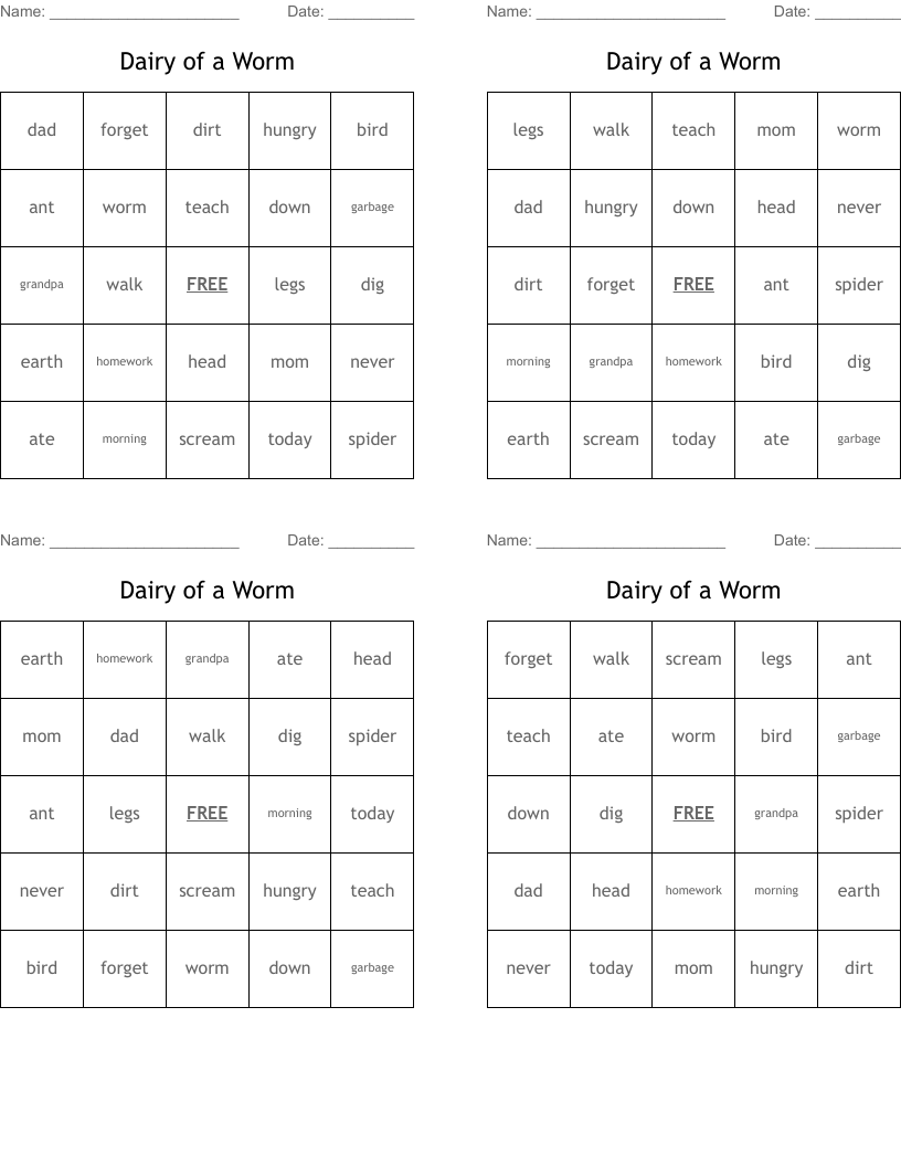Dairy of a Worm Bingo Cards
