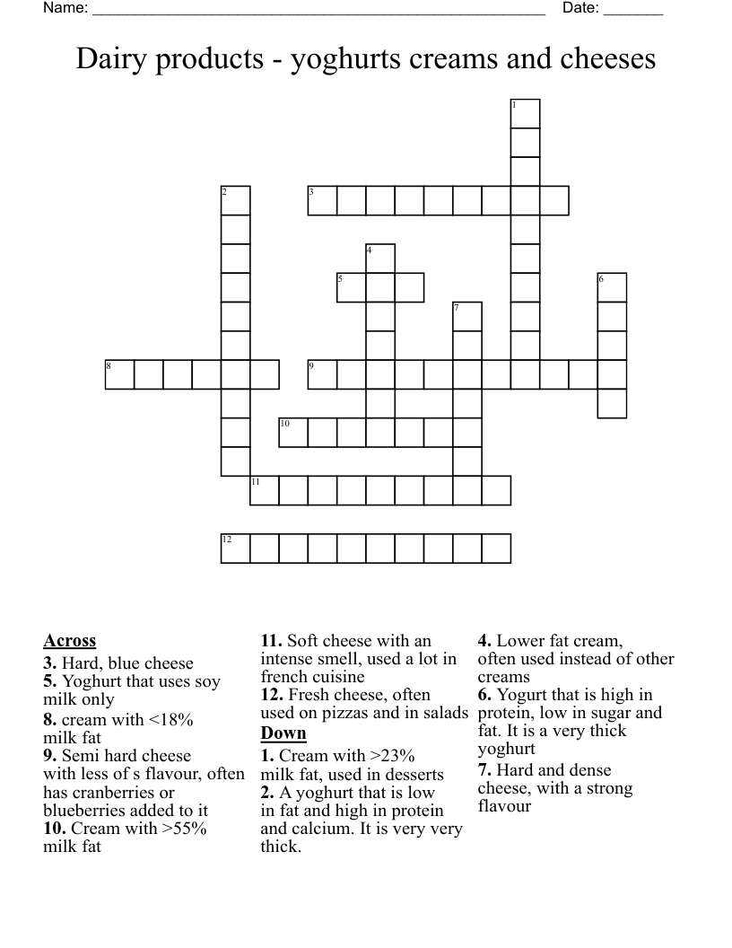 Dairy products - yoghurts creams and cheeses Crossword