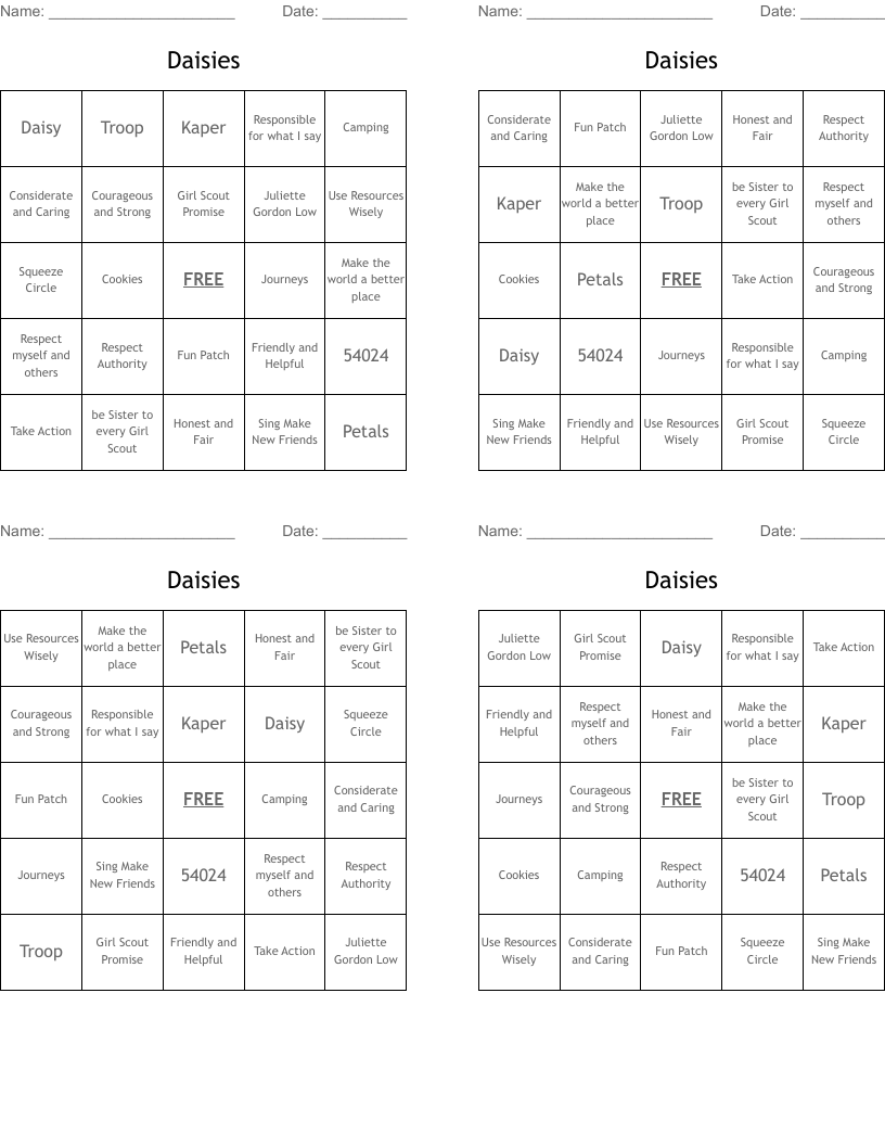 Daisies Bingo Cards