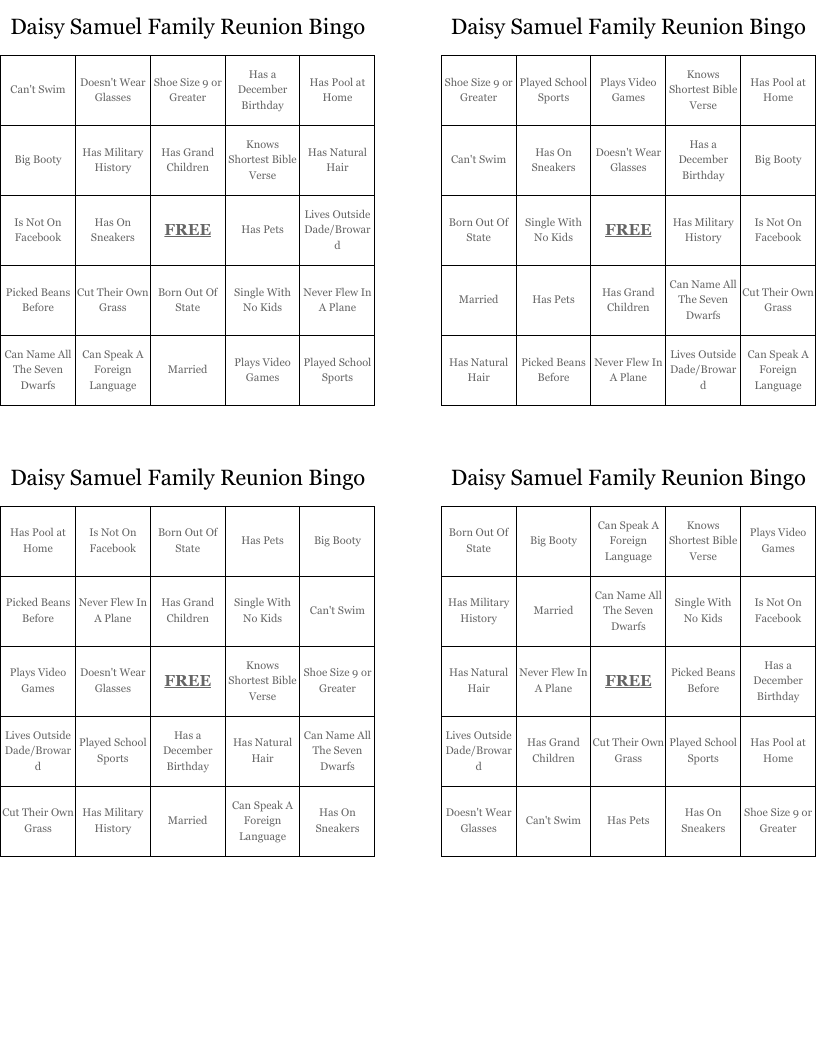 Daisy Samuel Family Reunion Bingo